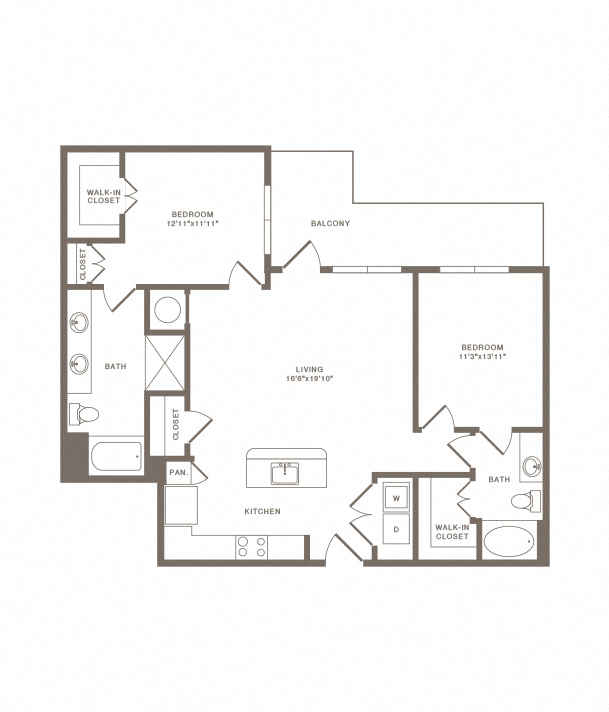 Floor plan for 2 beds, 2 baths, 1231 sqft